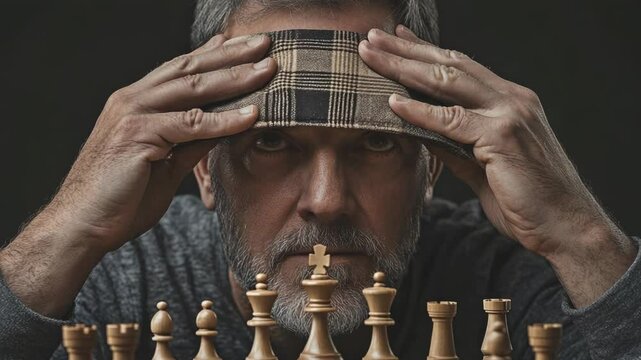 A focused man in deep thought while playing chess, showcasing strategy and concentration in a classic game.
