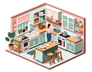 Isometric Kitchen Illustration - Woman Cooking in a Cozy, Pastel-Colored Kitchen Design - Perfect for Interior Design Inspiration and Home Decorating Ideas