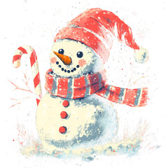Cheerful snowman wearing red hat and scarf, holding candy cane in snowy setting