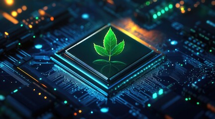 A vibrant green sprout nestled within a glowing, central processor unit on a complex circuit board, suggesting technological advancement and sustainability