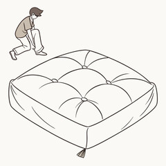 Person placing tufted square floor cushion on white background