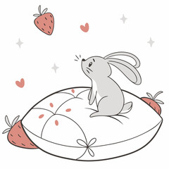 Cute bunny on pillow dreaming of strawberries