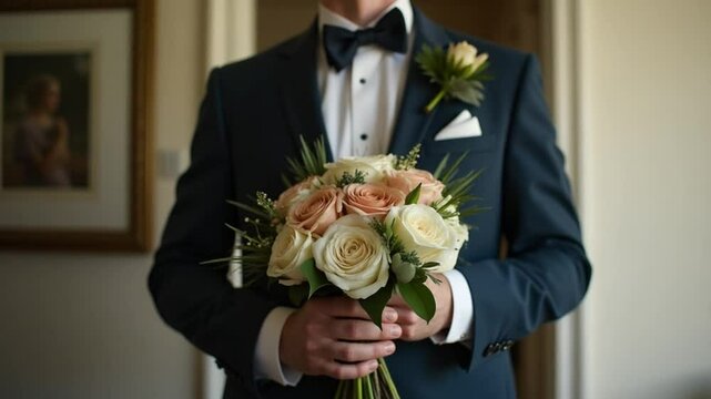 Groom with wedding bouquet in his hands at home preparing to go to bride, close-up, slow motion