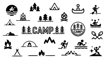 Fototapeta premium Comprehensive outdoor activities icon set with camping, hiking, water sports, adventure symbols, and wilderness recreation graphics