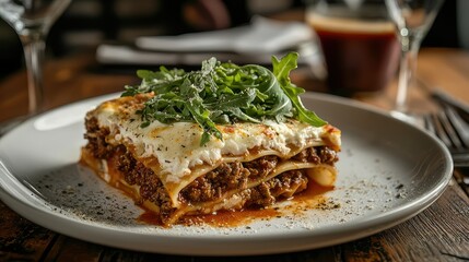 slice of homemade lasagna served with a rich beef bolognese, creamy bÃ©chamel sauce, and garnished with peppery wild arugula and parmesan.