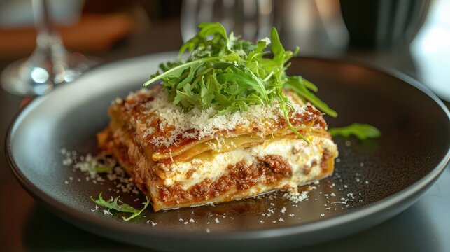 slice of homemade lasagna featuring minced beef bolognese, creamy b&Atilde;&copy;chamel sauce, and wild arugula on top, with a generous sprinkle of parmesan cheese.