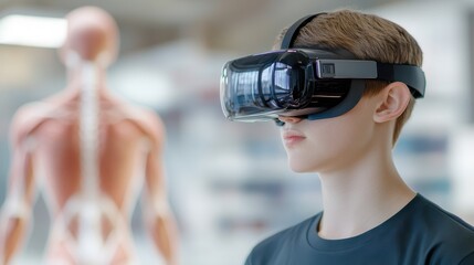 A young person wearing a VR headset explores virtual anatomy with a human model in the background.