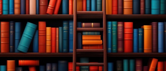 Fototapeta premium A colorful bookshelf filled with neatly arranged books and a wooden ladder in the center.