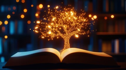 A glowing tree made of lights grows from an open book, symbolizing knowledge and imagination in a magical library setting.