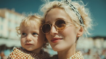 A joyful blonde woman embracing her toddler in a heartwarming portrait of love and happiness together outdoors