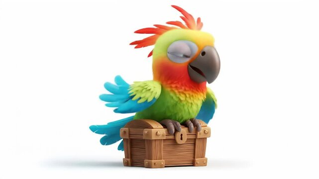 Colorful Cartoon Parrot Perched on Wooden Treasure Chest
