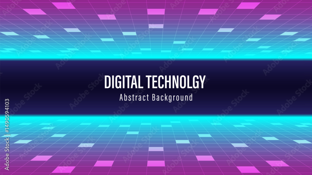 Aufkleber Abstract Digital Technology or Science Background. Neon light with perspective grid. Digital space wireframe landscape. Hi-tech and Sci-Fi background. Retro cyberpunk style 80s. Vector illustration.