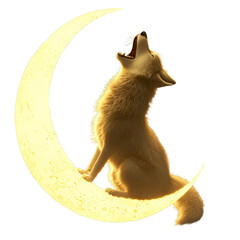 Wolf howling at glowing crescent moon, creating mystical and serene atmosphere