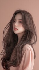 Naklejka premium Elegant portrait of woman with long flowing hair in soft pastel setting