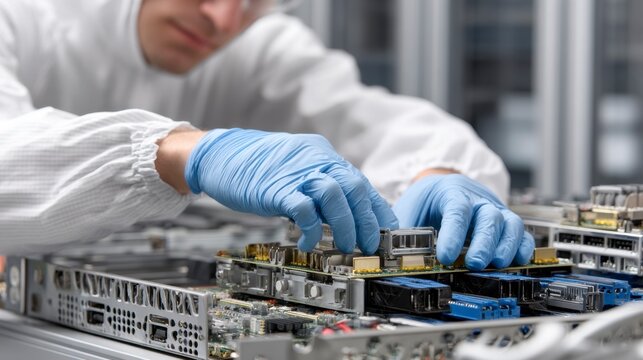 Technician Working in Cleanroom with Computer Hardware Components - Powered by Adobe