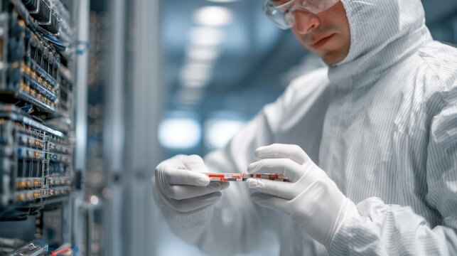 Data Center Technician in Cleanroom Suit Handling Equipment