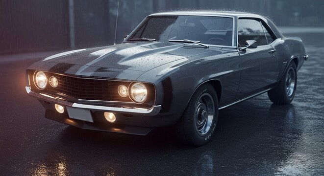 Classic Camaro RainKissed Muscle Car in Moody Lighting