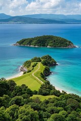 Fototapeta premium a view of a golf course and a beach from a hill