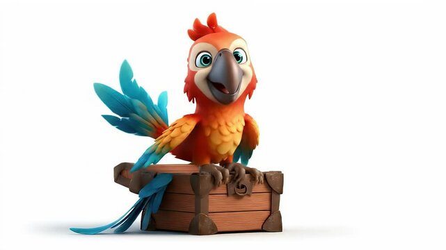 Cheerful Cartoon Parrot Perched on Wooden Treasure Chest