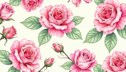 Naklejka premium Delicate watercolor roses repeat in a soft, vintage pattern , elegant, spring, repeat