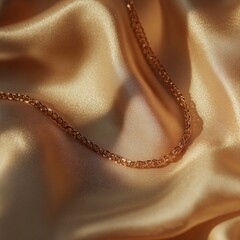 Fototapeta premium Delicate gold chain necklace rests on luxurious, golden silk fabric, bathed in warm, soft light; casting subtle shadows