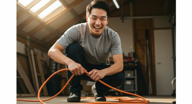 Happy man working with orange extension cord