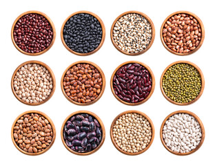 Beans in wooden bowls. 1st row Adzuki, black beans, black eyed peas, borlotti beans. 2nd row chickpeas, Dutch brown, kidney, mung beans. 3rd row pinto, scarlet runner, soybeans, white or navy beans.