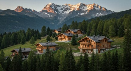 Fototapeta premium Alpine village nestled in a valley, golden hour light on wooden houses, snow-capped peaks in the distance
