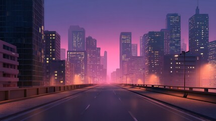 Obraz premium City road at night with skyscrapers pink and purple colors