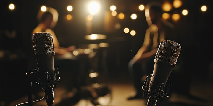 Podcast stream setup with two people and microphones against a dark background Stock photo