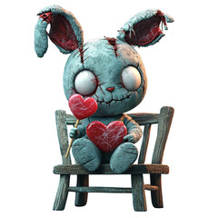 Creepy stuffed bunny with stitched details holds heart shaped lollipop, sitting on wooden chair