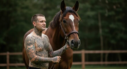 Obraz premium Man with tattoos and horse in a field