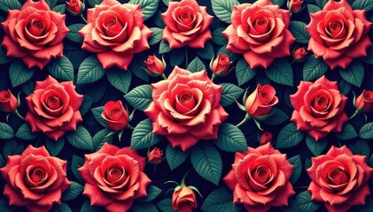 Obraz premium Intricate, repeating rose pattern in vibrant hues , red, repeat, graphic