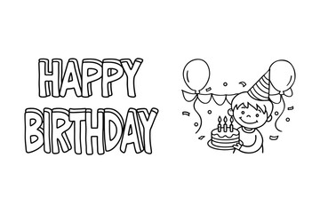 Fototapeta premium Child with Cake, Balloons, and Pennant Banner - Coloring Page