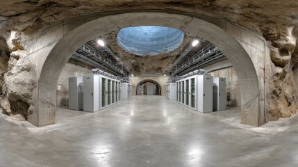 Fototapeta premium Panoramic View of an Underground Data Center with Unique Architecture