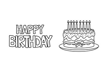 Happy Birthday, Outline Text with Birthday Cake - Coloring Page