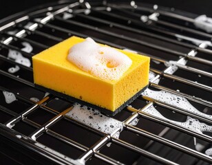 Yellow sponge with soap suds on metal grill rack in cleaning process