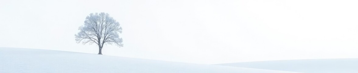 Fototapeta premium Snowy landscape with a single tree on white background, solitude, trunk