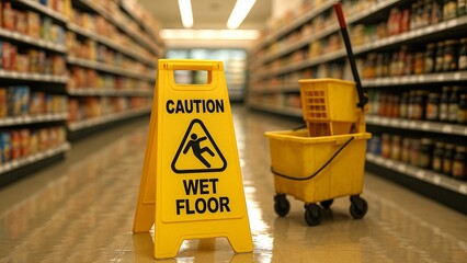 Yellow caution wet floor sign stands prominently in a supermarket aisle next to a cleaning cart, indicating a recently mopped and potentially slippery area