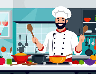 Happy Chef Cooking-Wholesome Meal Preparation-Culinary Arts Illustration-Enjoy Delicious Food-Healthy Eating-Homemade Cooking-Kitchen Fun-Chef with Spoons