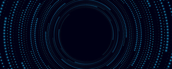 Abstract swirling digital circles of glowing blue dots on black background. Big Data visualization into cyberspace. Futuristic technology frame. Vector illustration
