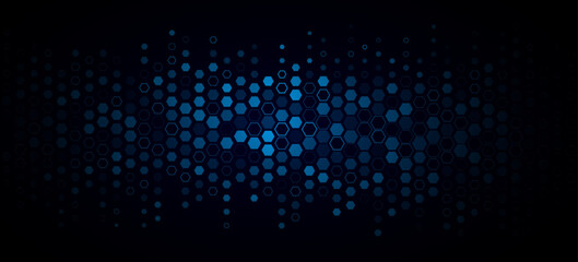 Abstract tech glowing blue hexagons for Business or Science background. Cyber honeycomb mosaic. Scientific research presentation backdrop for online webinar. Vector Illustration