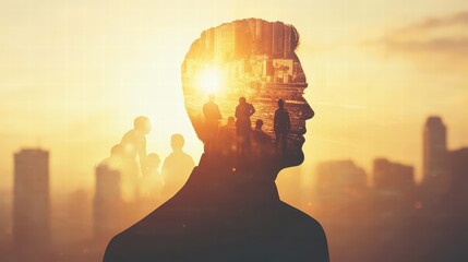 man silhouette cityscape sunset double exposure