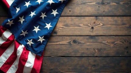 Fototapeta premium A weathered flag draped on rustic wooden planks, a symbol of heritage and remembrance