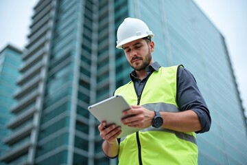 Construction foreman engineer using digital tablet on job planning site with modern building in background, workplace technology and safety concept with daylight and reflective vest