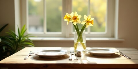 Fototapeta premium Sunlight Illuminates a Table Setting with Daffodils in a Vase, Plates, and Cutlery