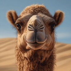 Portrait of a Majestic Camel: A Close-Up View in the Desert, Showcasing its Expressive Eyes and Furry Features against the Sandy Landscape and Azure Sky.