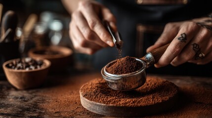 Barista pouring coffee grounds into portafilter