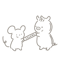 今年の干支のバトンを丁寧に渡すイノシシと受け取るネズミ　白黒