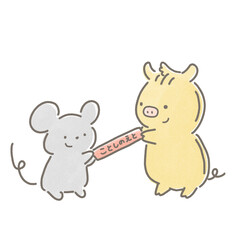 今年の干支のバトンを丁寧に渡すイノシシと受け取るネズミ